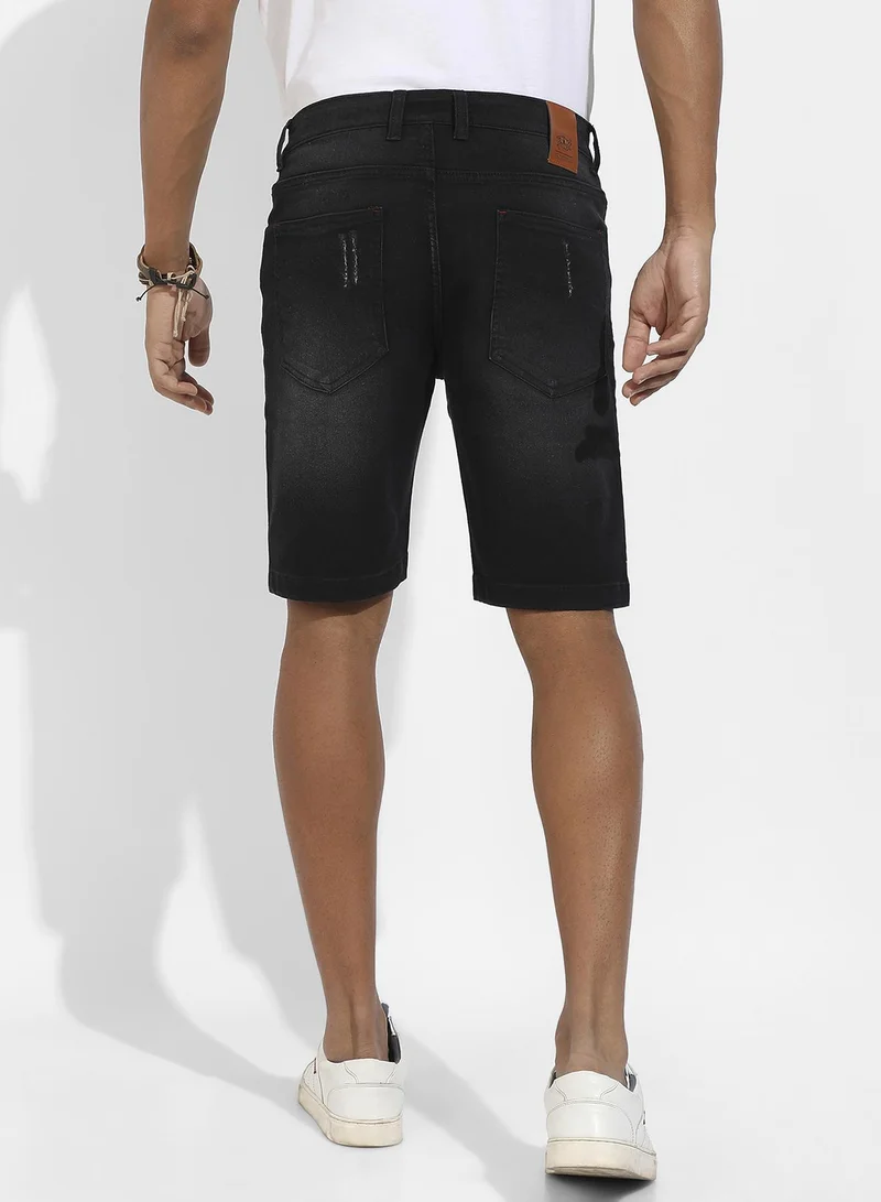 CAHOOT  Men's Black Distressed Effect Denim Shorts For Casual Wear | Dark-Wash | Regular Fit | Button Closure | Denim Shorts Crafted With Comfort Fit For Everyday Wear for Men | Best Price UAE